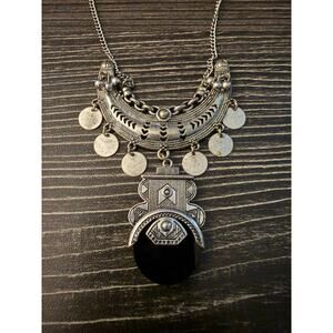 Silver-Tone Ethnic Tribal Style Necklace with a Black Stone Pendant